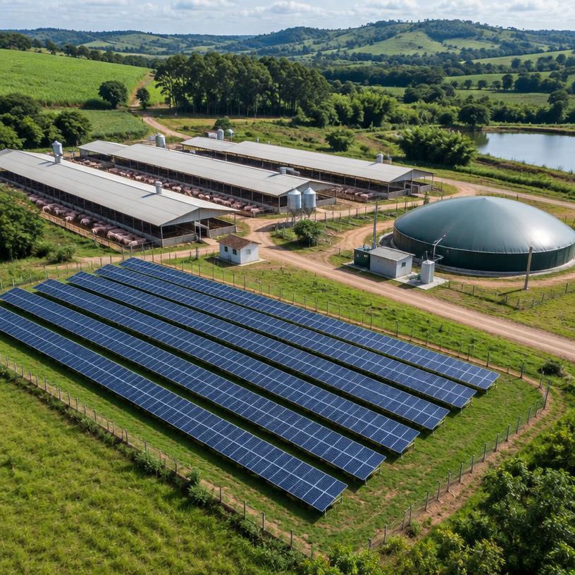Ilustração de granja com energia solar e biodigestor